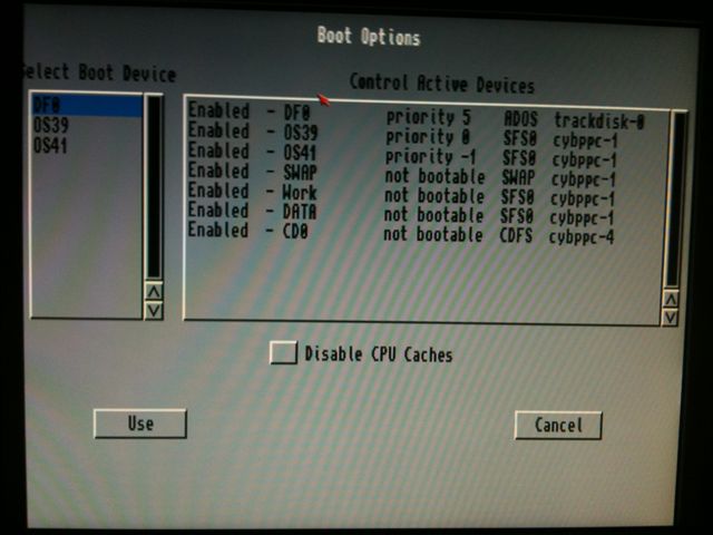 Amiga Early startup showing scsi hard drive available to boot.